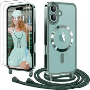 Mobile Phone Case with Strap + 2 Glass Screen Protectors, Transparent Silicone Mobile Phone Case, Green